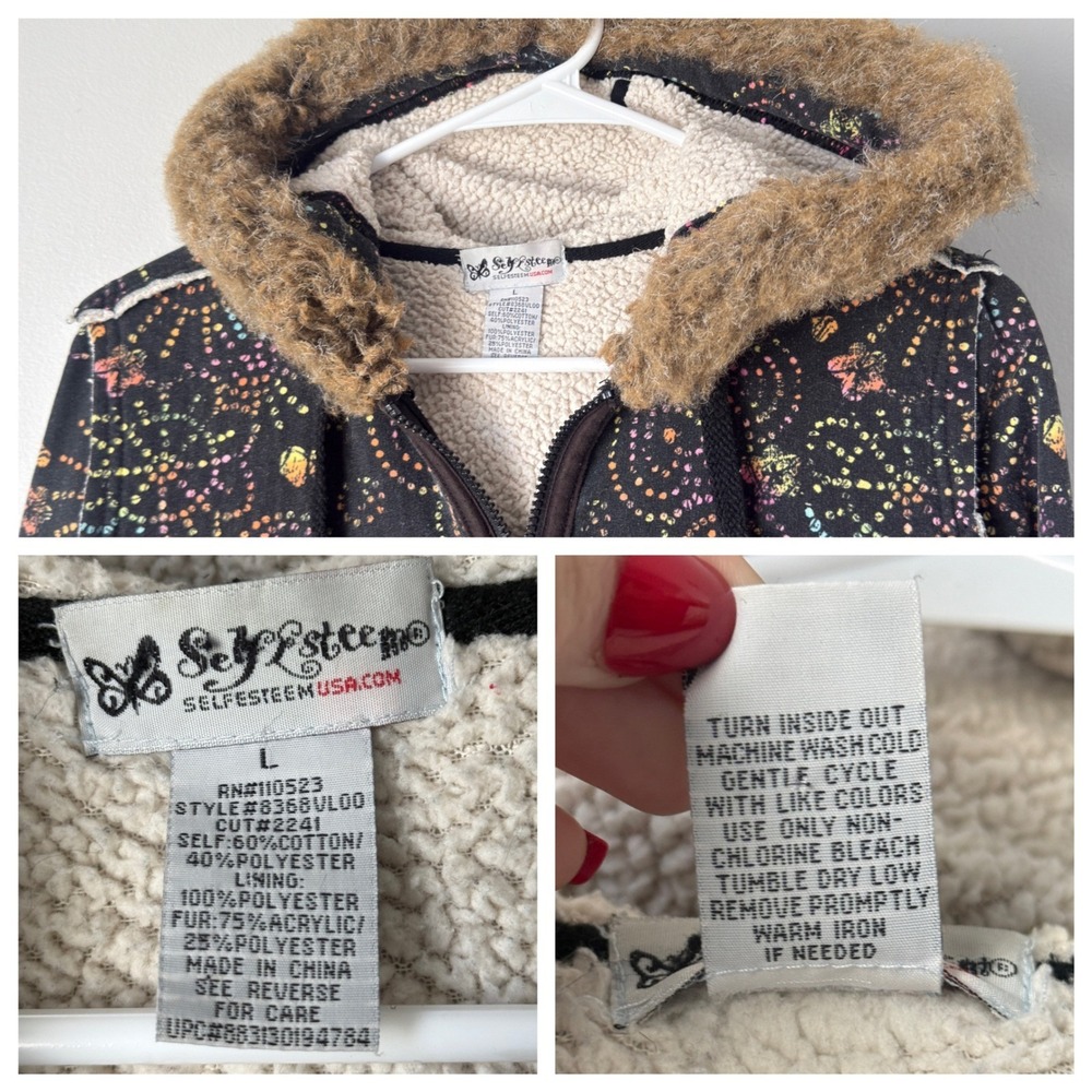 Self Esteem Y2K Black Sherpa Hoodie Womens L Rainbow Peace Heart Faux Fur Zip Up - Picture 8 of 16